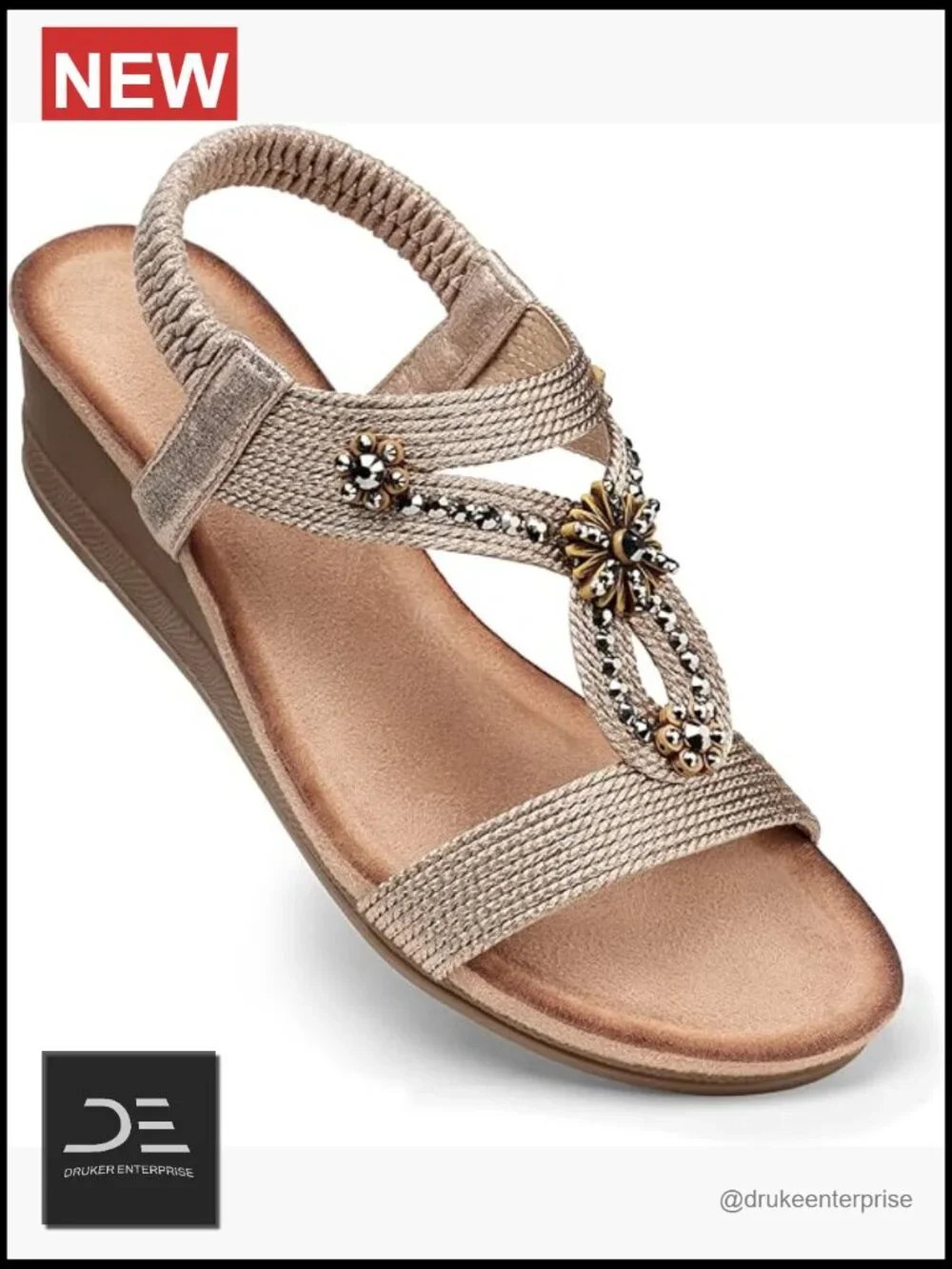 Wedge Sandals Low Heel Elastic Ankle Strap Rhinestone Flower Women's Summer